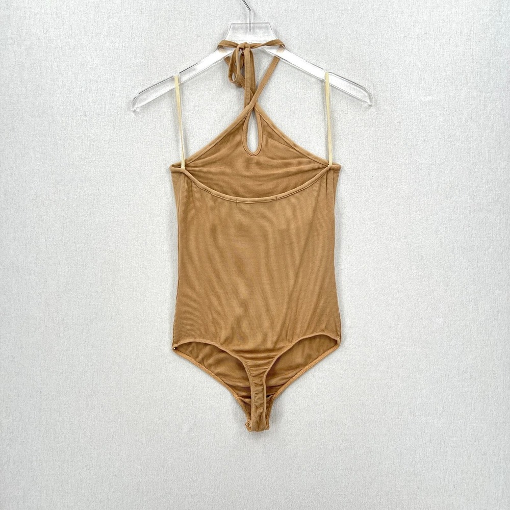 ENZA COSTA Halter Bodysuit Women Medium Tan Ribbed Silk Blend Keyhole Sleeveless - Picture 7 of 13
